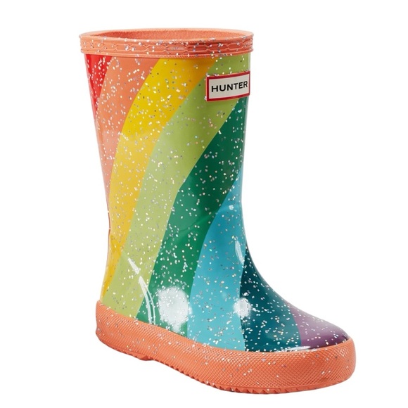 New In Box HUNTER Kids First Glitter Stripe Rain Boots Sz 7C Optimistic Orange - Picture 2 of 8